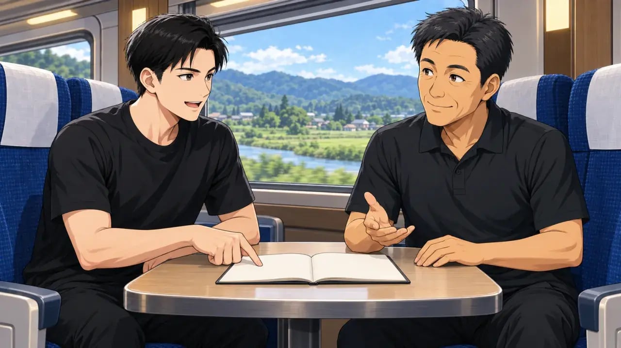 列車内でノートを囲んで相談する若い男性と中年男性