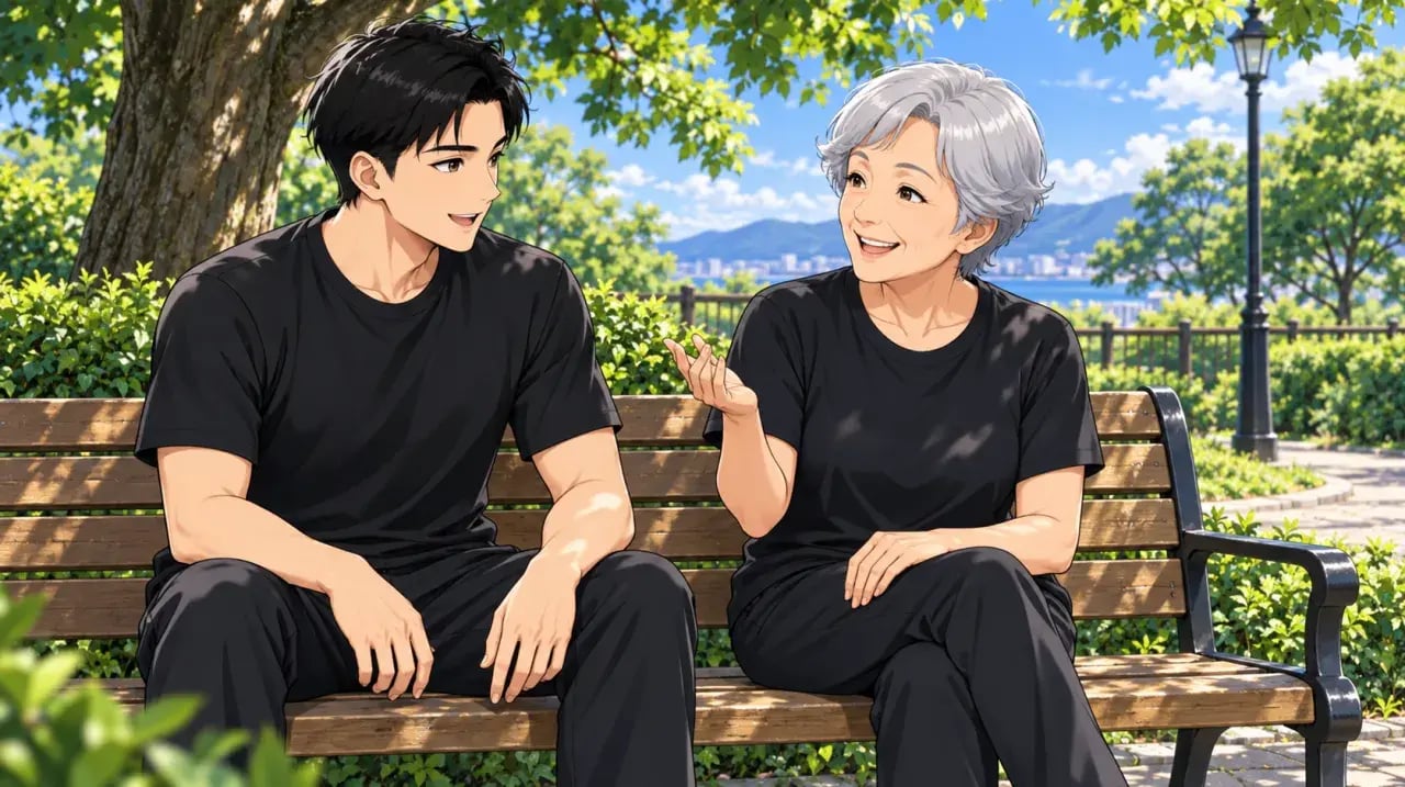 公園の木陰で笑顔で会話する若い男性とシニア女性