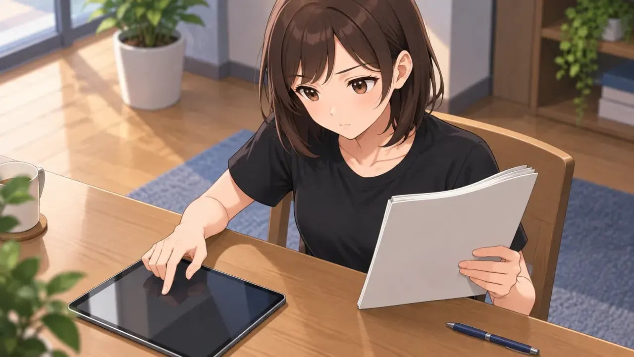 紙の冊子とタブレットを机に並べて見比べる女性