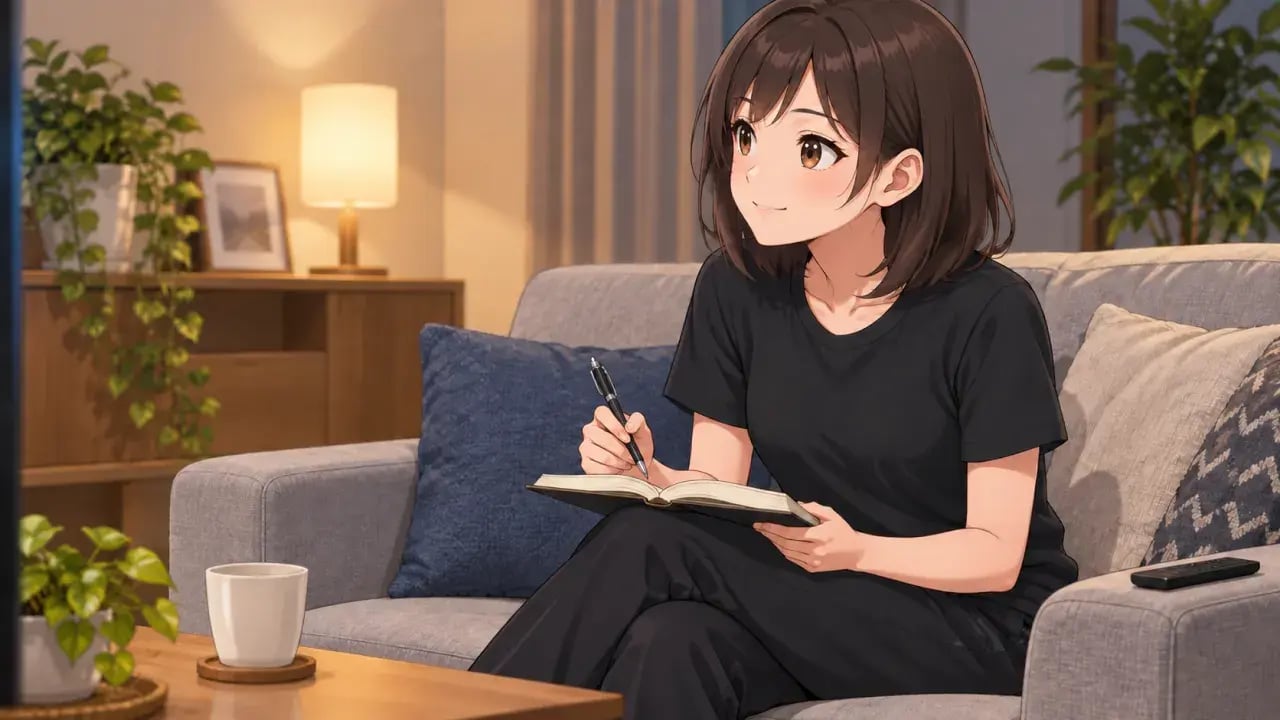 ソファで映像を見ながらノートとペンを手元に用意する女性