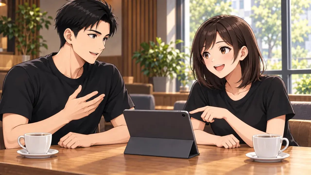 カフェでタブレットを囲み、笑顔で話し合う男女