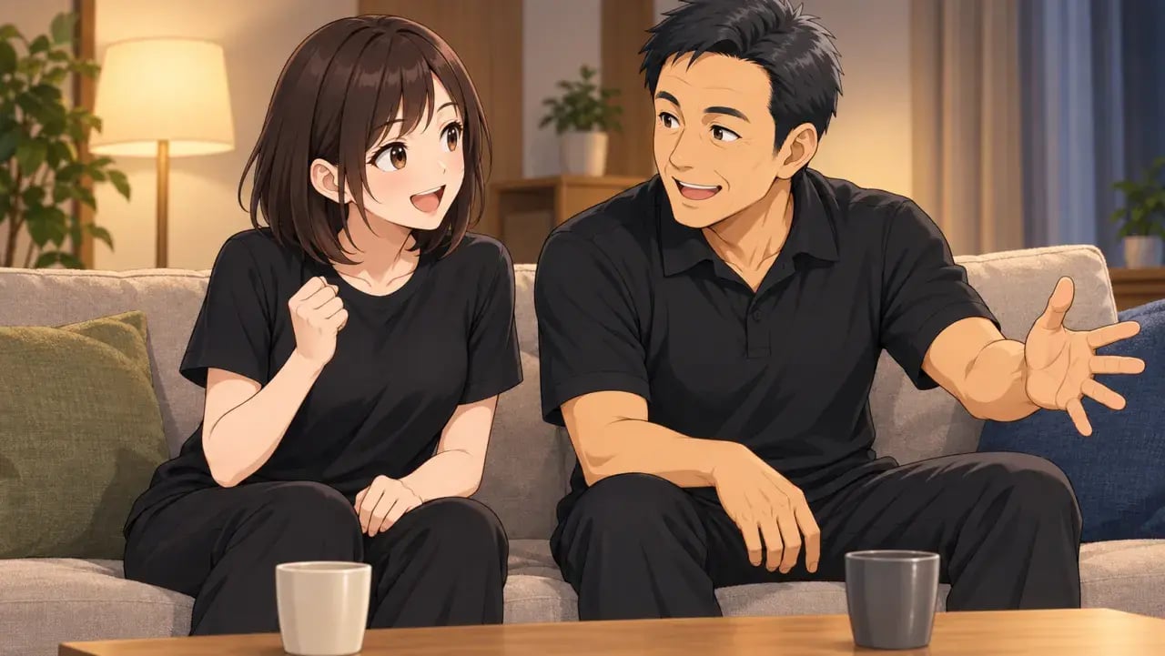 リビングで顔を見合わせ、観戦の喜びを共有する女性と男性