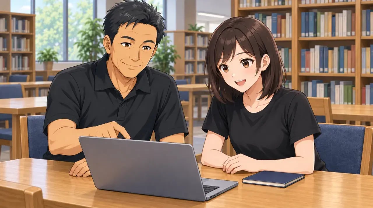 読書スペースでノートパソコンを一緒に確認する女性と男性