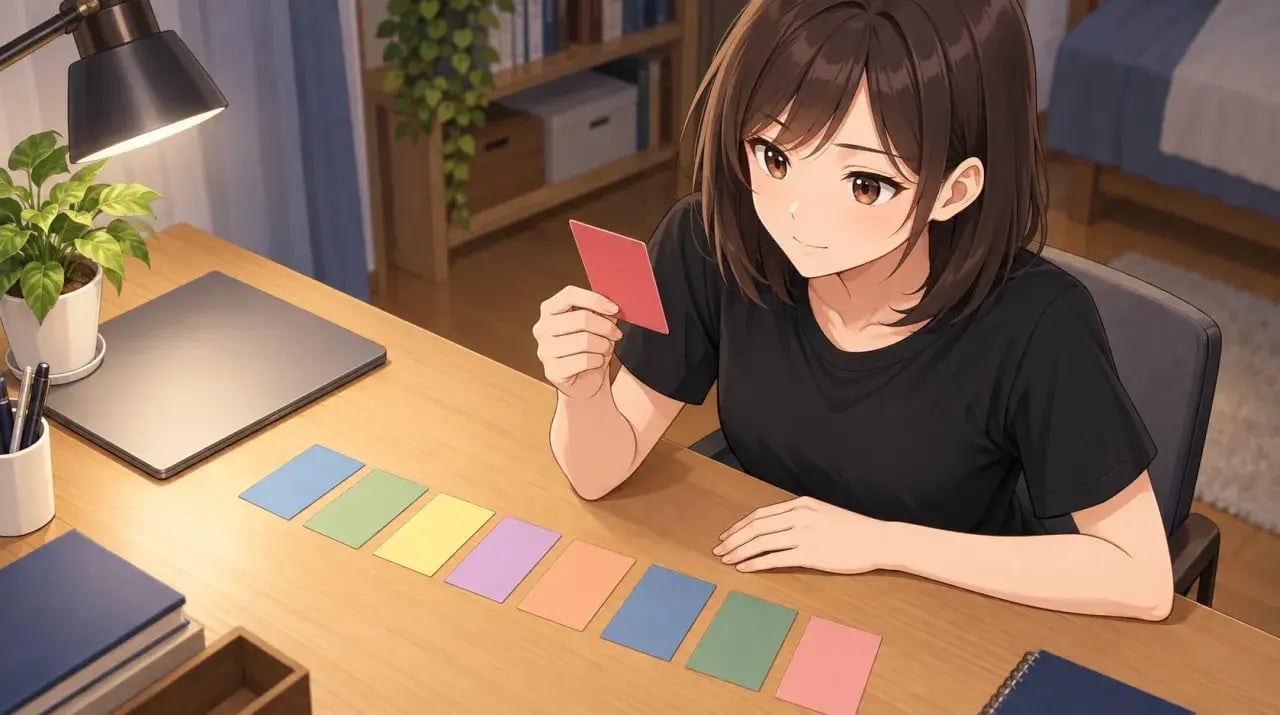 机に並べた8枚のカードと手元の1枚を見比べる女性