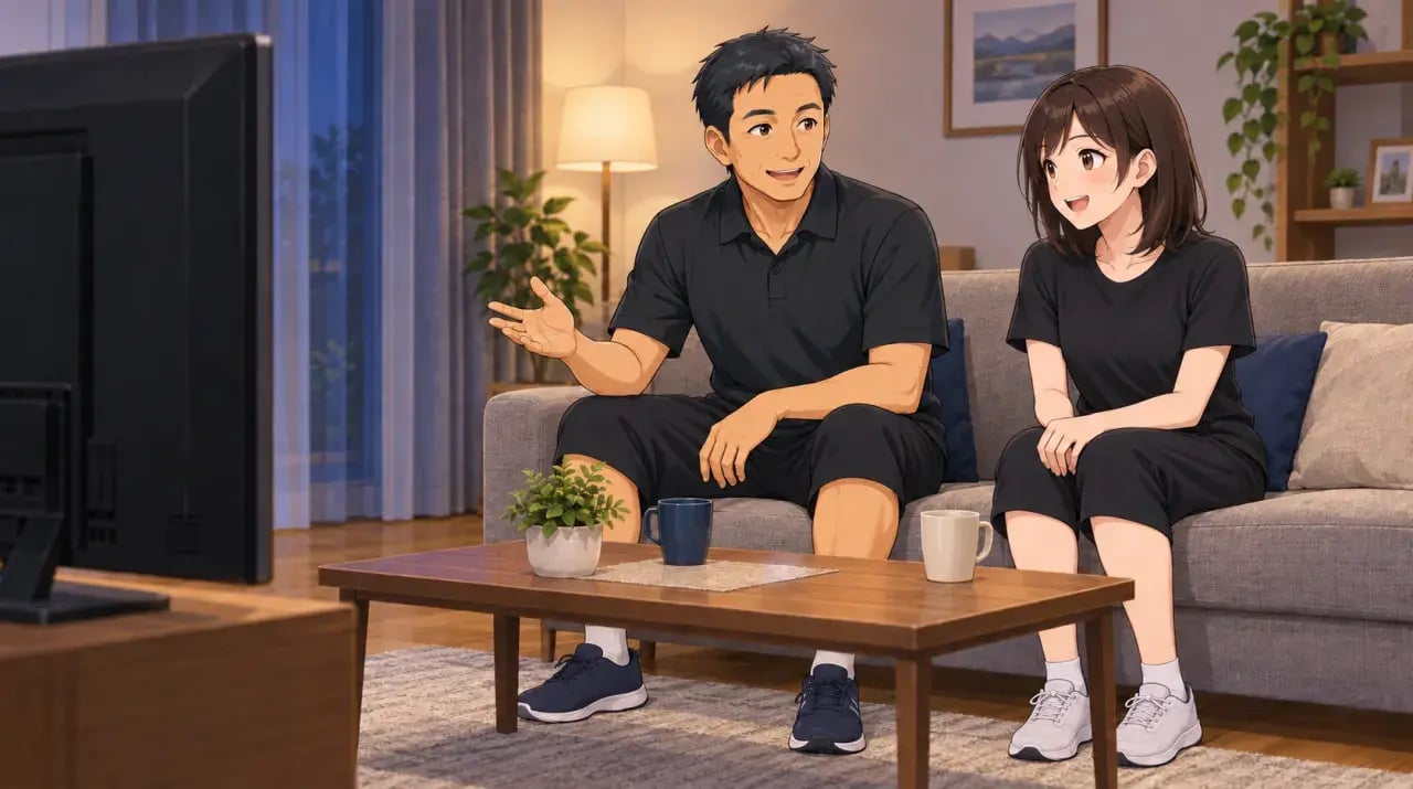 テレビの前のソファで観戦について話す女性と男性