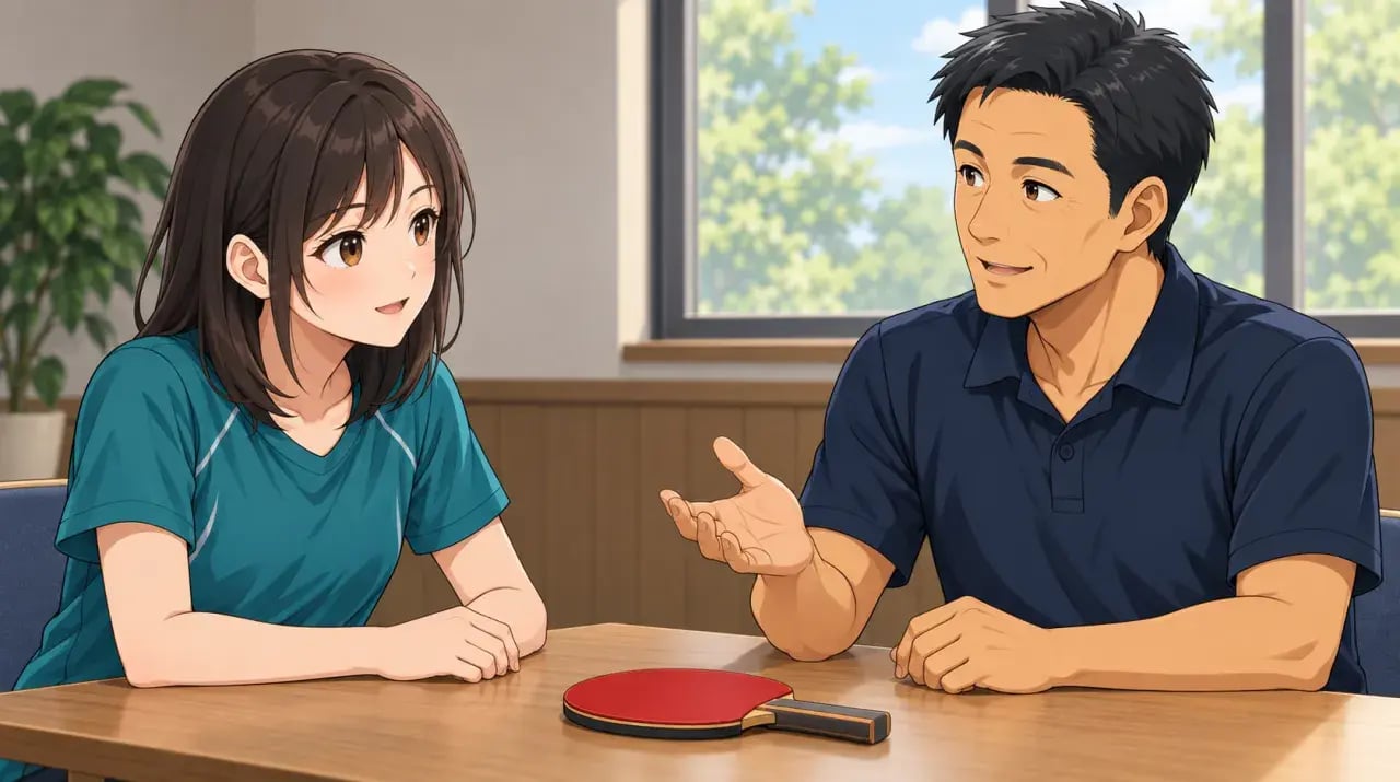 ラケットを置いた机で練習の悩みを相談する女性と男性のイメージ
