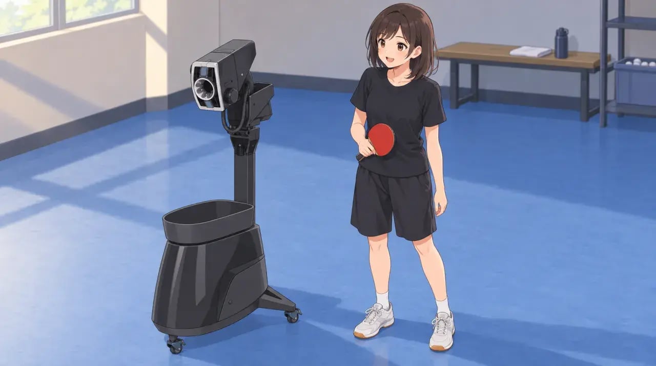 キャスター付き台座まで見えるチョレボットと、隣でラケットを持つ女性の全身イメージ