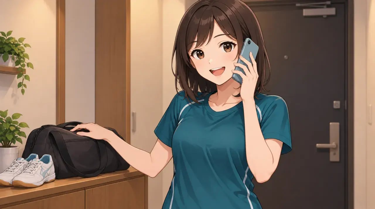 スポーツバッグを用意し、自宅の玄関で電話をかける女性
