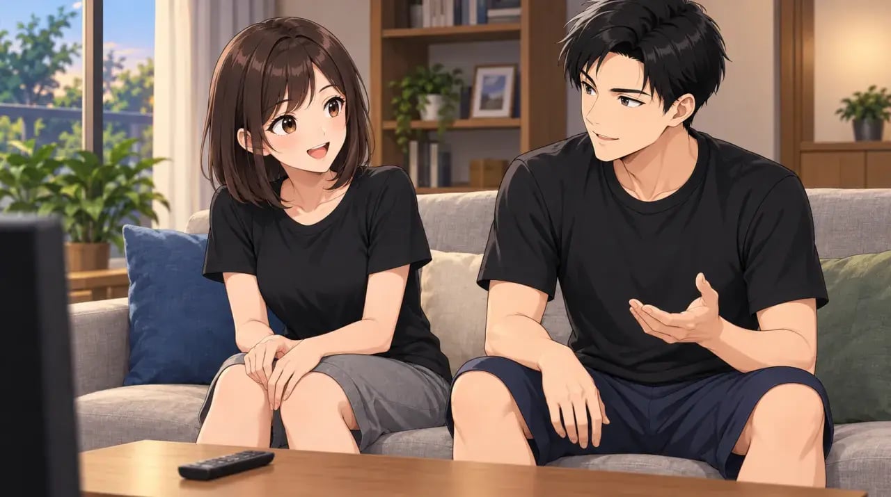 テレビの前のソファで観戦について話す女性と男性
