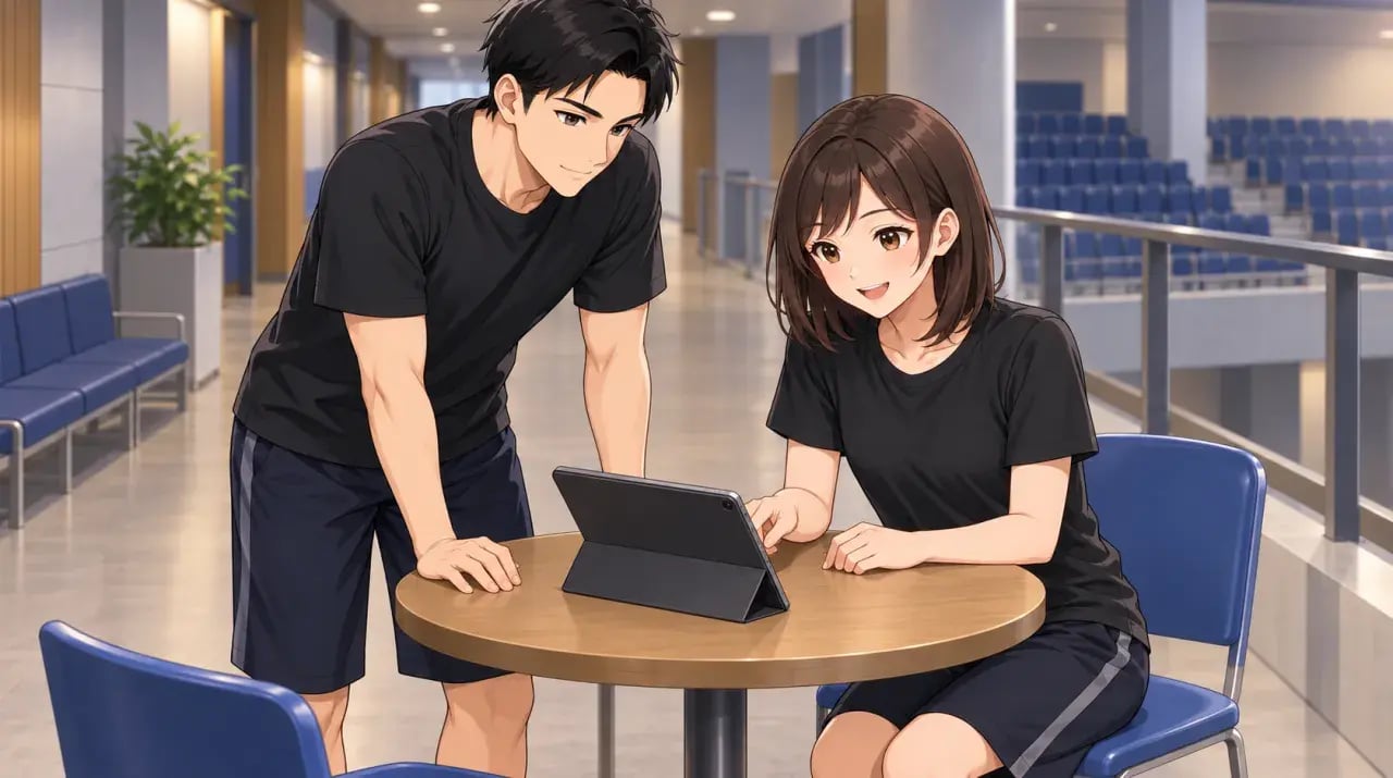 会場のテーブルでタブレットを一緒に確認する女性と男性