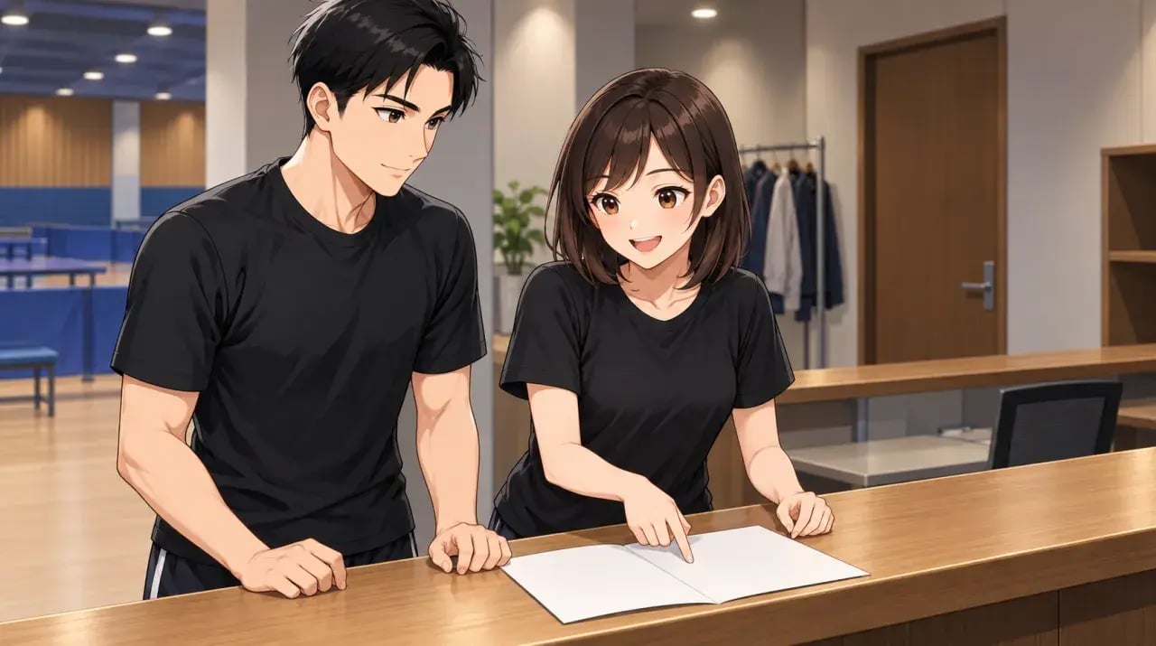 受付カウンターに開いた冊子を指しながら確認する女性と男性