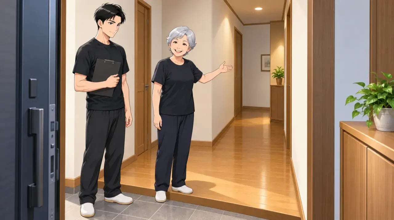 玄関でクリップボードを持つ男性と、廊下を示して相談する女性