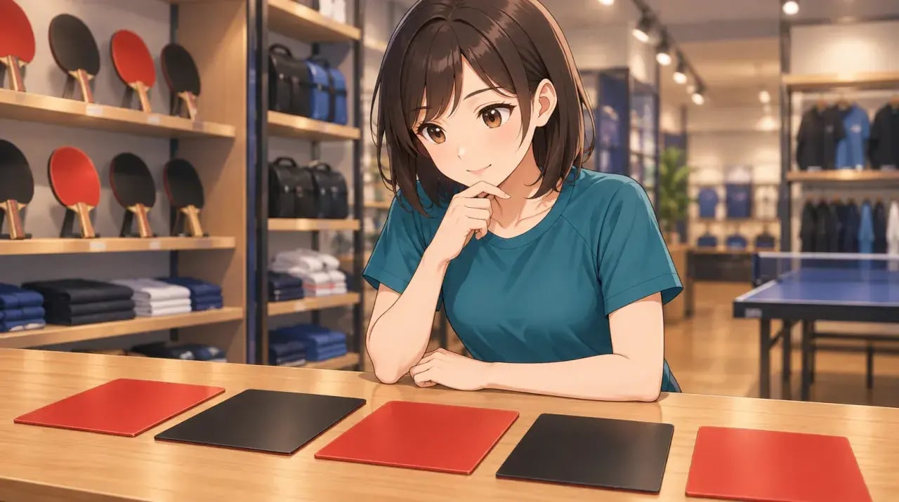 店頭に並ぶ赤と黒のラバーを見比べる女性