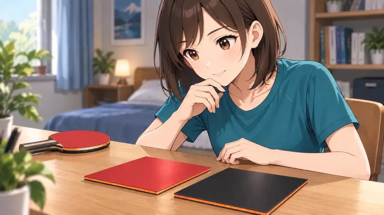 自宅の机でラバーのシートとスポンジを確認する女性