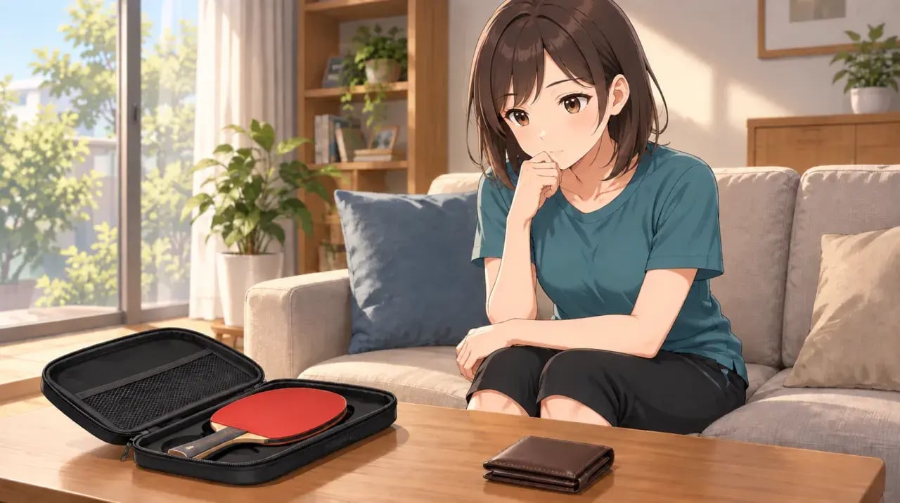 自宅でラケットケースと財布を前に買い替えを考える女性