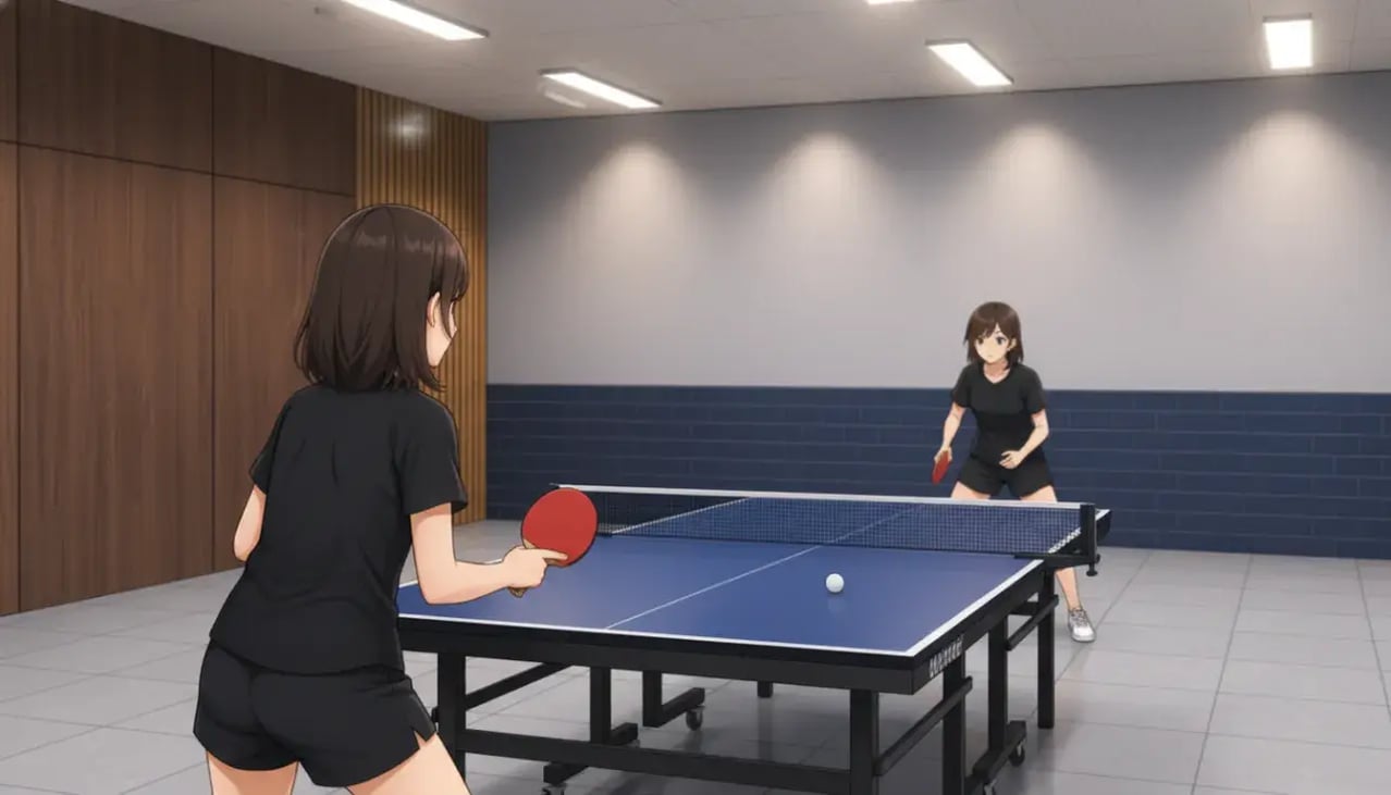 卓球台を挟み、ラリーが始まる前に低く構えて対峙する2人のプレーヤー