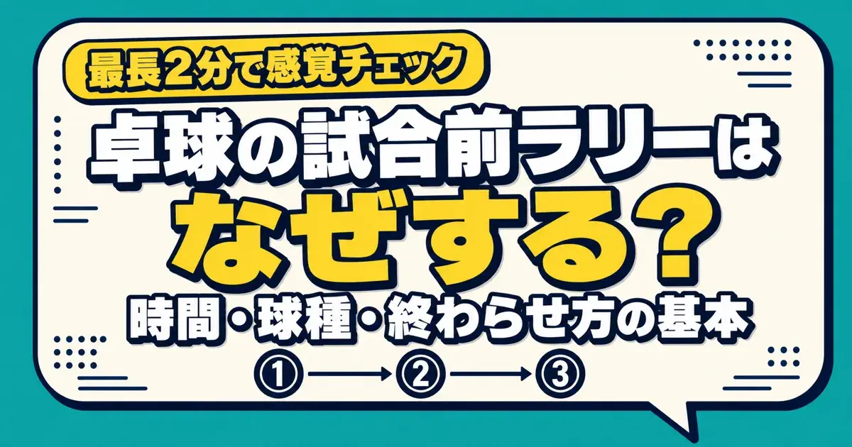 卓球の試合前ラリーの目的と時間・球種・終わらせ方を示したキービジュアル